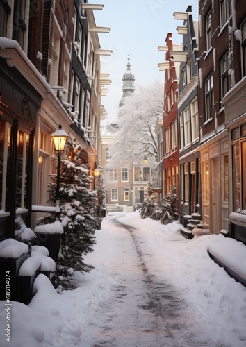 snowy street in Amsterdam