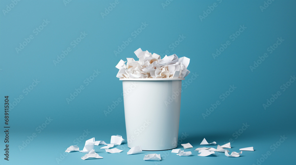 rubbish bin full of paper on plain background, discarded dreams metaphore