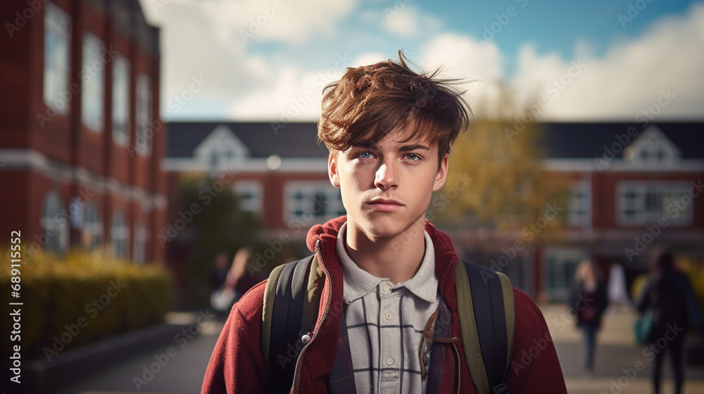 teenage boy standing in front of school in the middle of the sunny day with backpack,