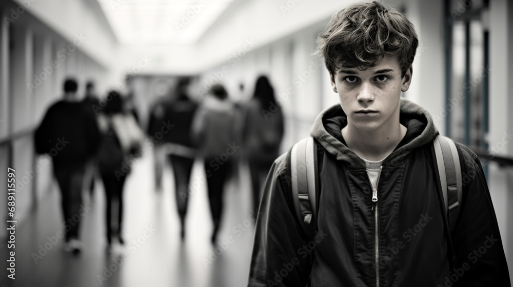 Sad insecure teenage boyin school, other students in the background black and white