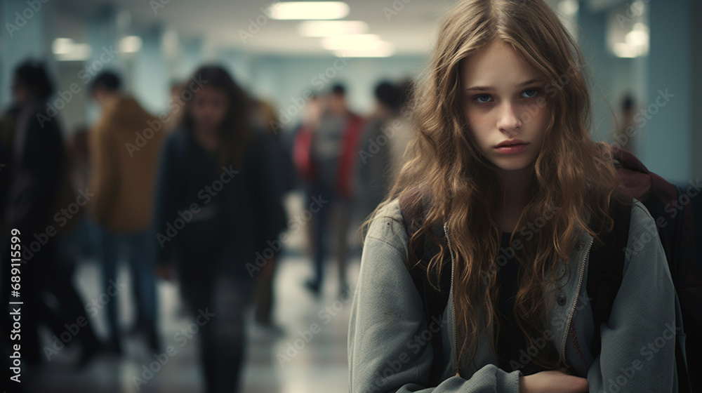 Sad insecure teenage girl in school corridor, other students in the background dark colors