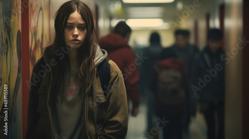 Sad insecure teenage girl in school corridor, other students in the background dark colors