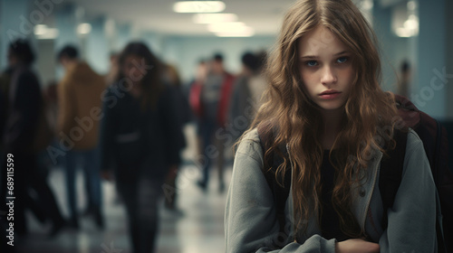 Obraz na płótnie Sad insecure teenage girl in school corridor, other students in the background dark colors w salonie
