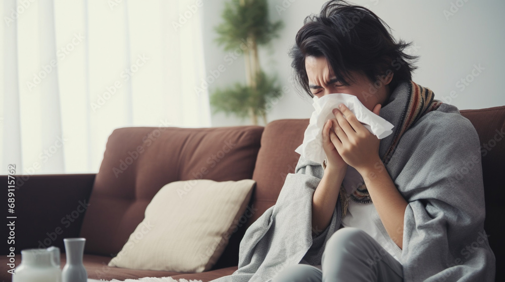 sick person, man with warm blanket blowing his nose on the couch, runny nose, tissue in hand sick person, man with warm blanket blowing his nose on the couch, runny nose, tissue in hand