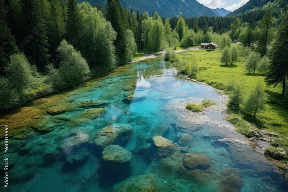 Zelenci Nature Reserve in . Mountain wetlands with spring-fed turquoise lake , rare plants & wading birds. Aerial drone view.