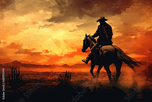 Cowboy riding horse into the sunset. Wild west style poster. Generative Ai