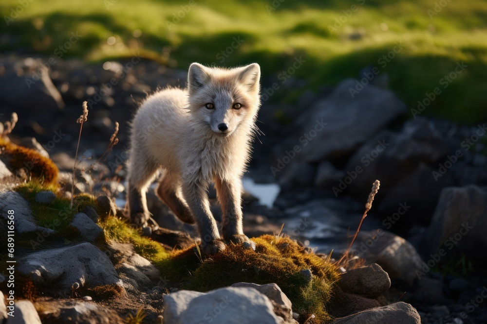Beautiful arctic fox crossing the rocks into the grass on the island of