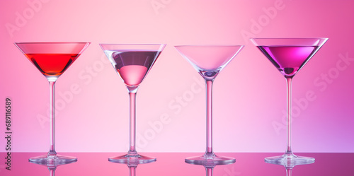 Party and summer vacation. Set Fruit slice and cocktail glass at bar. Cocktails on pink background. Drink and food. Alcoholic beverage and fruit at restaurant.