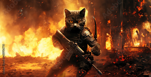 cat in fire, black tuff cat holding guns walking out of fire photo