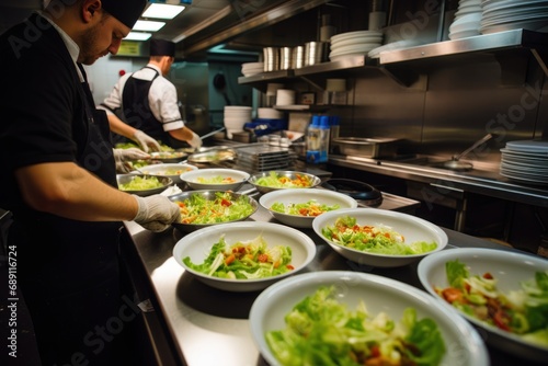Kitchen of a restaurant while the cooks prepare a salad.