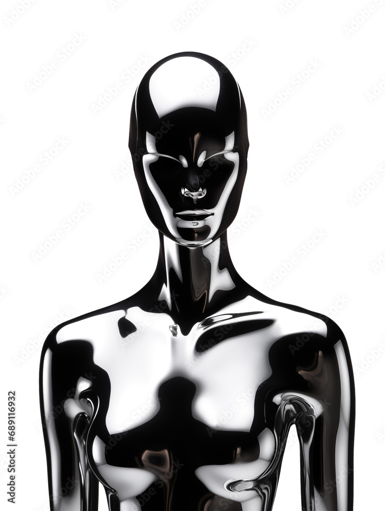 Futuristic chrome woman mannequin isolated. Shiny gloss metal human sculpture. Y2K liquid metal music poster - obrazy, fototapety, plakaty 