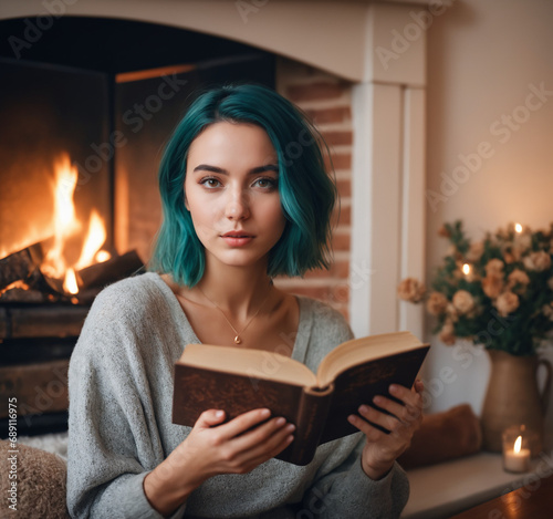 Eine Frau mit einem Pullover mit grünen braunen Haaren liest ein Buch vor einem Kamin, Blick zur Kamera