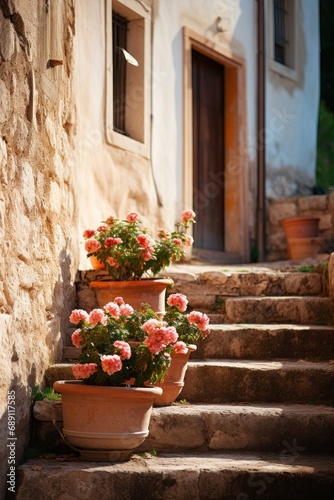 Flower pots on a stone stairway outside an old building