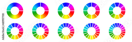 Gradient colored pie chart templates. Bright vibrant infographic donut graphs. Vector diagram wheel for multiple section circle. 3, 4, 5, 6 parts of ring.