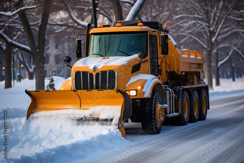 A winter service vehicle to remove the snow from the road in the city