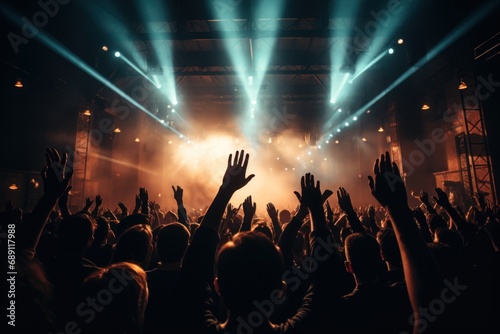 People with raised arms during show
