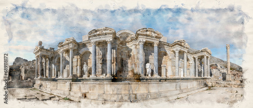 Sagalassos ancient city near Burdur, Turkey in watercolor style illustration 