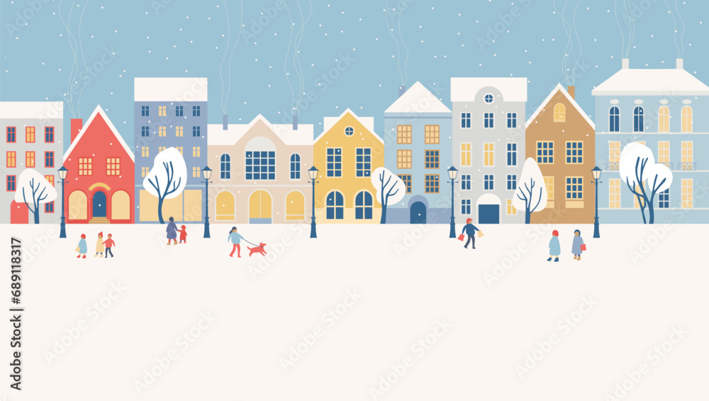 Winter city panorama with people walking on street in snow on Christmas holidays. European Old town with cozy buildings.