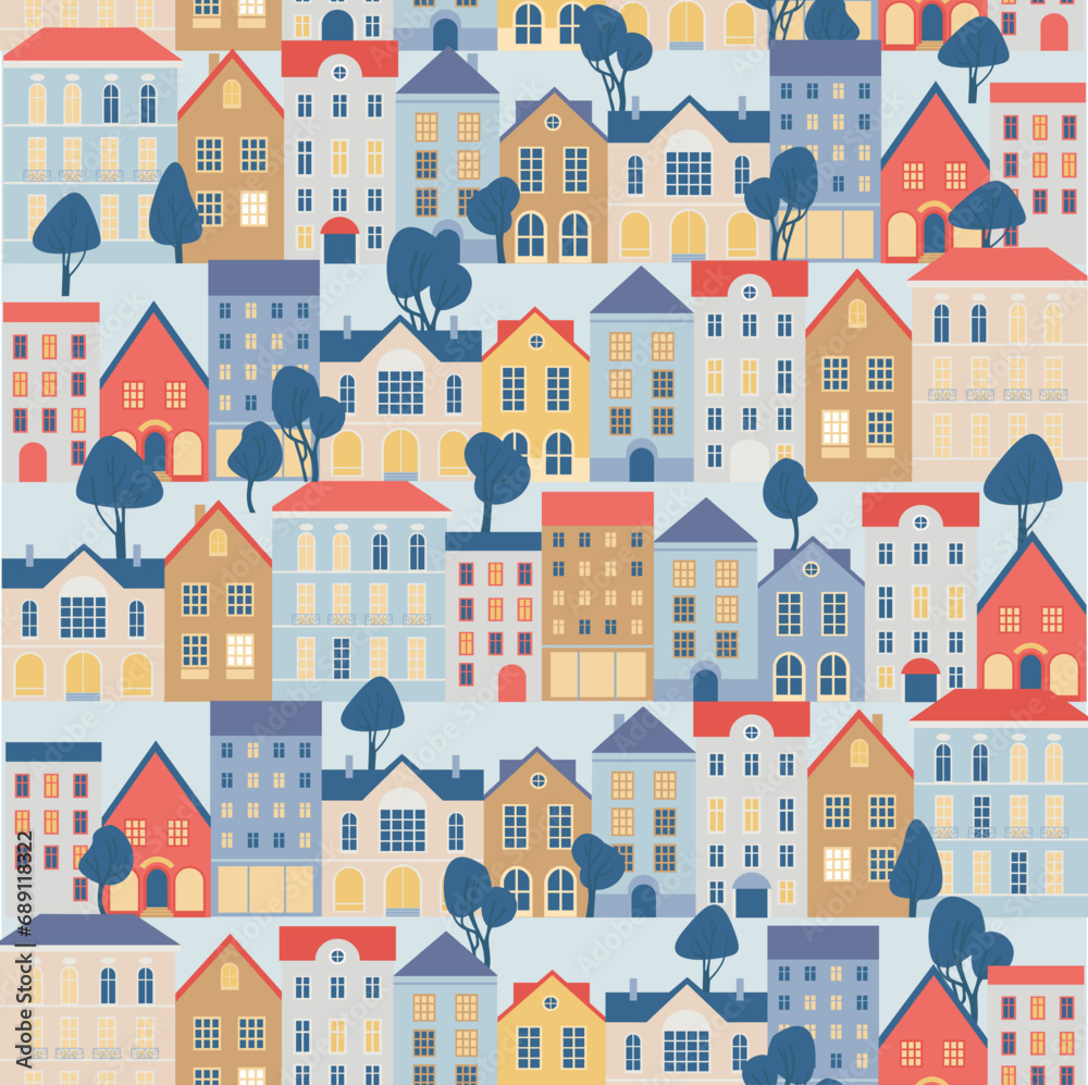 Seamless town pattern. Endless background with cute small houses and trees. Repeating print of old style homes.