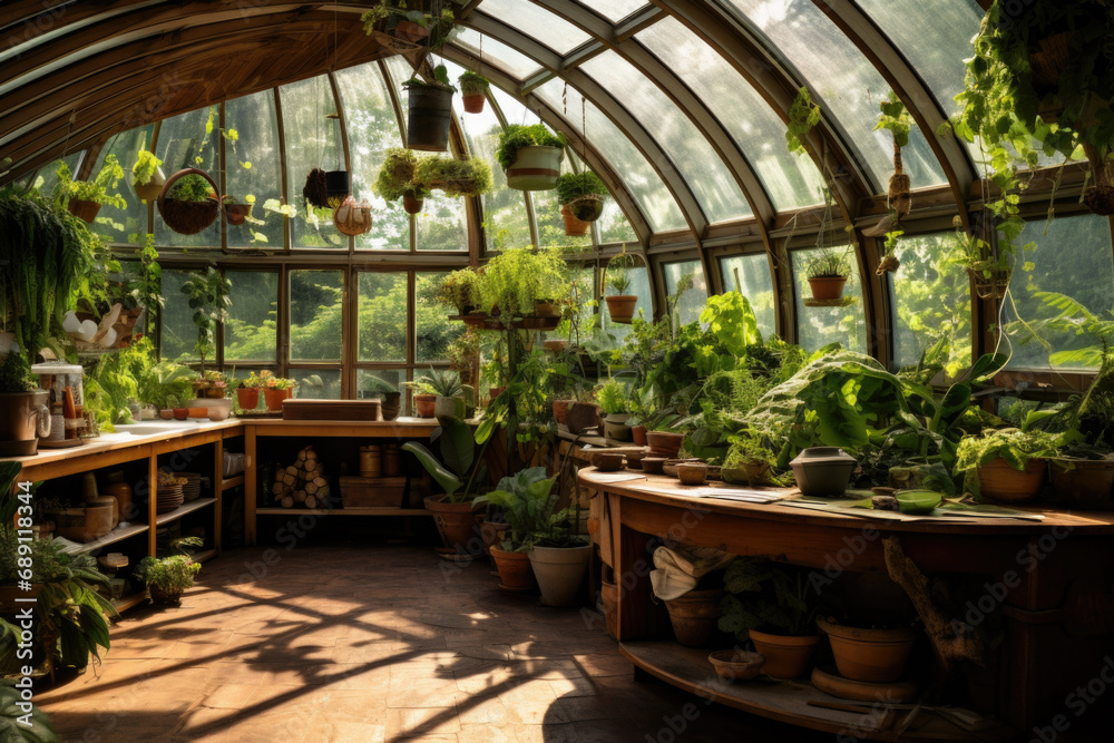 Old greenhouse for growing plants. old greenhouse in the park. Photo of a retro greenhouse