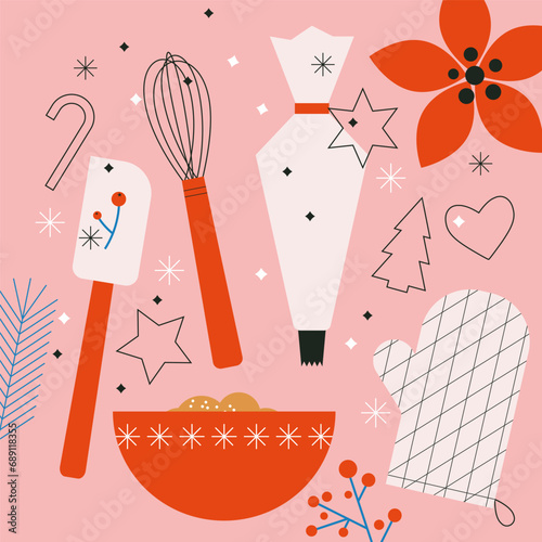 Dessert ingredients and utensils. Baking Christmas gingerbread cookies. Homemade. Flat vector illustration isolated. Trendy abstract style. Festive food, family culinary, baking. Abstract elements.