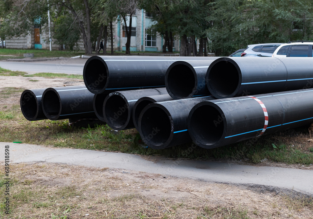 Replacement of sewer pipes. New pipes close-up. Replacement of sewer pipes. New pipes close-up.