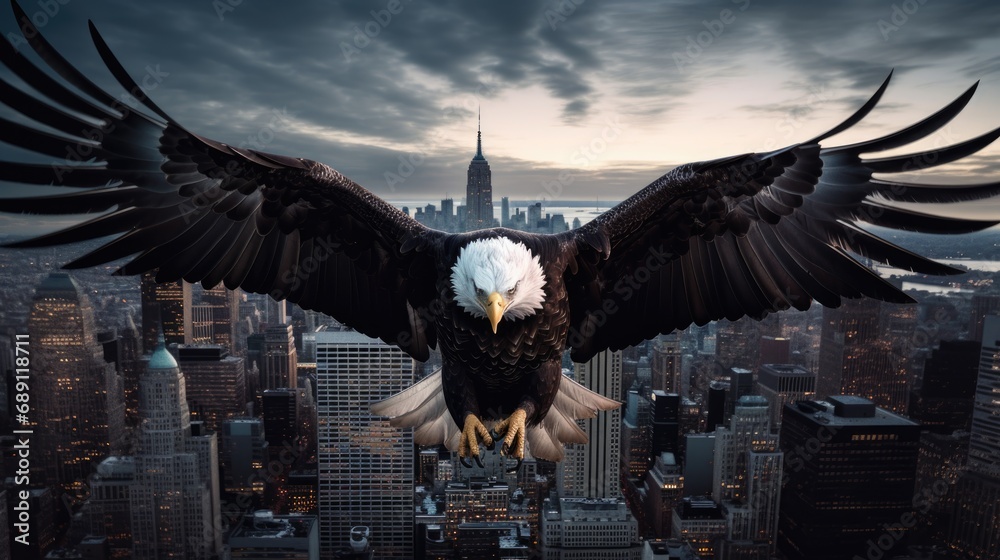 Naklejka premium A bald eagle soars over city buildings.