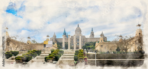 Barcelona, Spain. View at Plaza de Espanya and Palau de Montjuich - Catalonian national art museum MNAC on Montjuic mountain. The Palau Nacional. Watercolor style illustration