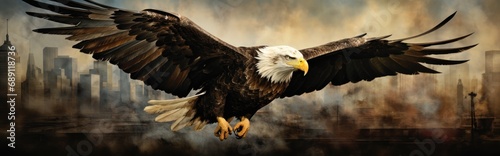A bald eagle soars over city buildings.