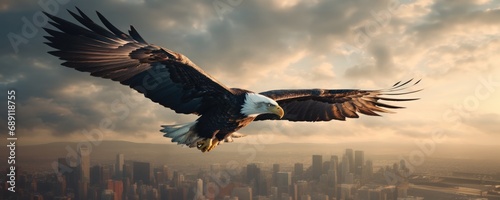 A bald eagle soars over city buildings. photo