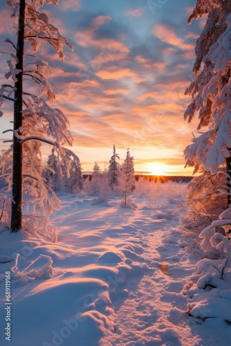 Snowy landscape at sunset, frozen trees in winter in Saariselka, Lapland, photo