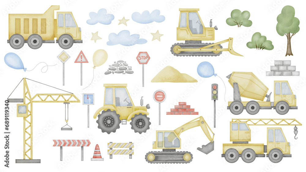 Obraz premium Construction clip art Set Watercolor illustration. Hand drawn baby boy toy car and road sign on isolated background. Tractor with lorry and crane drawing. Painting of transport for wall art stickers.