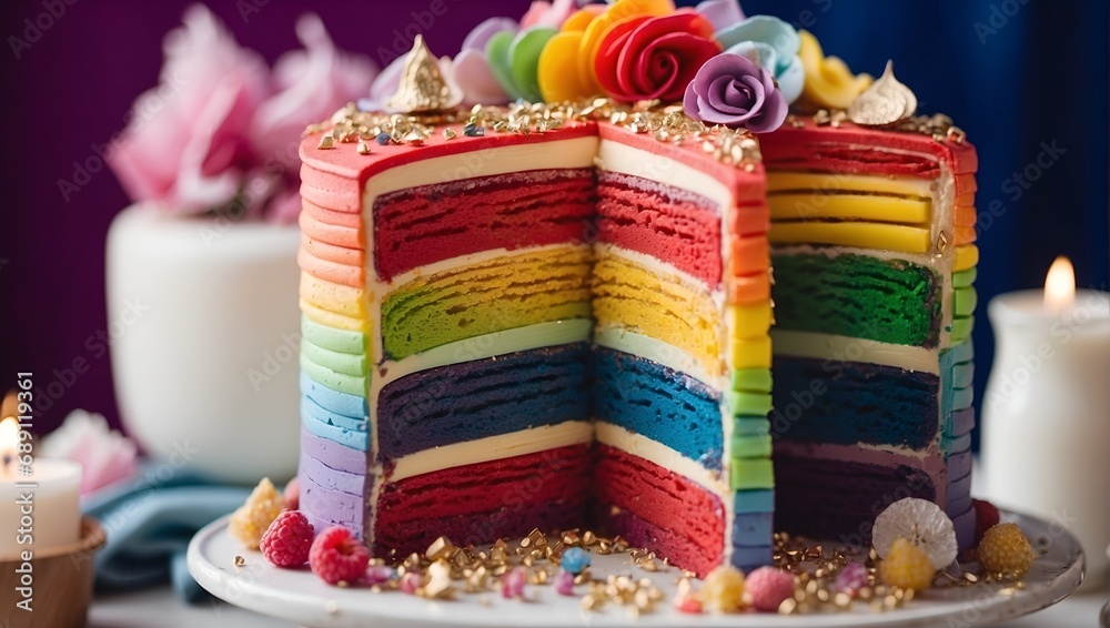 A close-up shot of a perfectly layered rainbow cake, showcasing its intricate details

