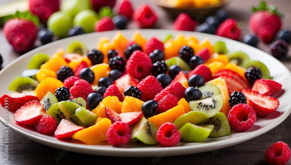 Vibrant and colorful fruit salad arranged in an appealing pattern on a plate.

