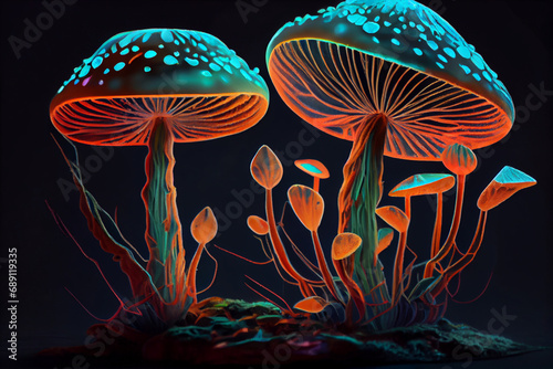 Mushroom fungus in natural forest background generative ai