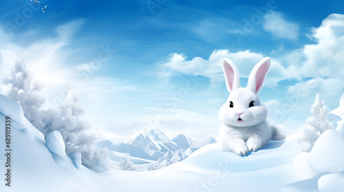 Christmas Bunny Portrait  Seasonal Snowy Delight A Winter Wonderland background a white rabbit sitting in the snow looking at the camera with a blue sky in the back ground behind it. generative ai