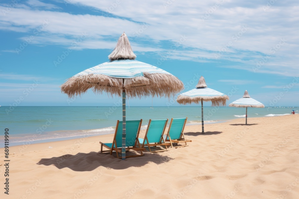 beach with umbrellas.Parasols sunbed beach clouds turquoise sea.