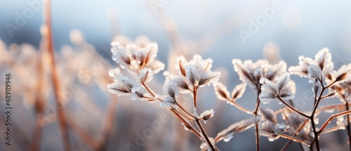 Some frozen beautiful aise-weed plants covered with icicles. Winter background. Free space for text. Selective focus. Shallow depth of field.