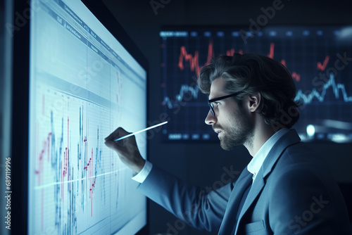 Businessman analyzing business analytics or intelligence dashboard on large screen showing sales and operations data statistics charts and key performance indicators.