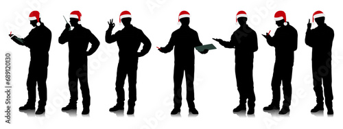 Handyman in Santa hat. Set of male construction workers wearing Christmas hats and overalls with safety bands. Different poses. Uniform in Christmas colors. Vector illustration set isolated on white