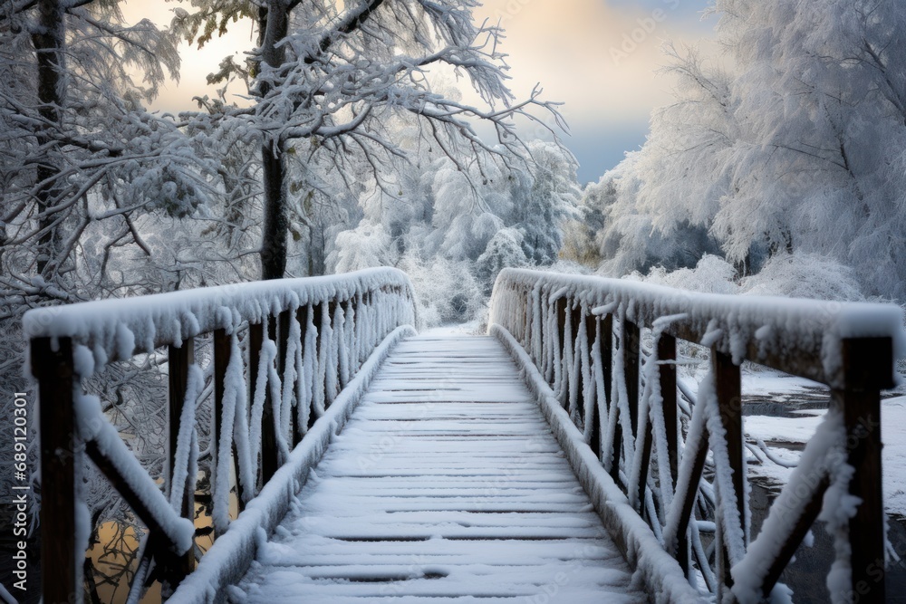 Snowy, wooden bridge in a winter day. Stare Juchy,
