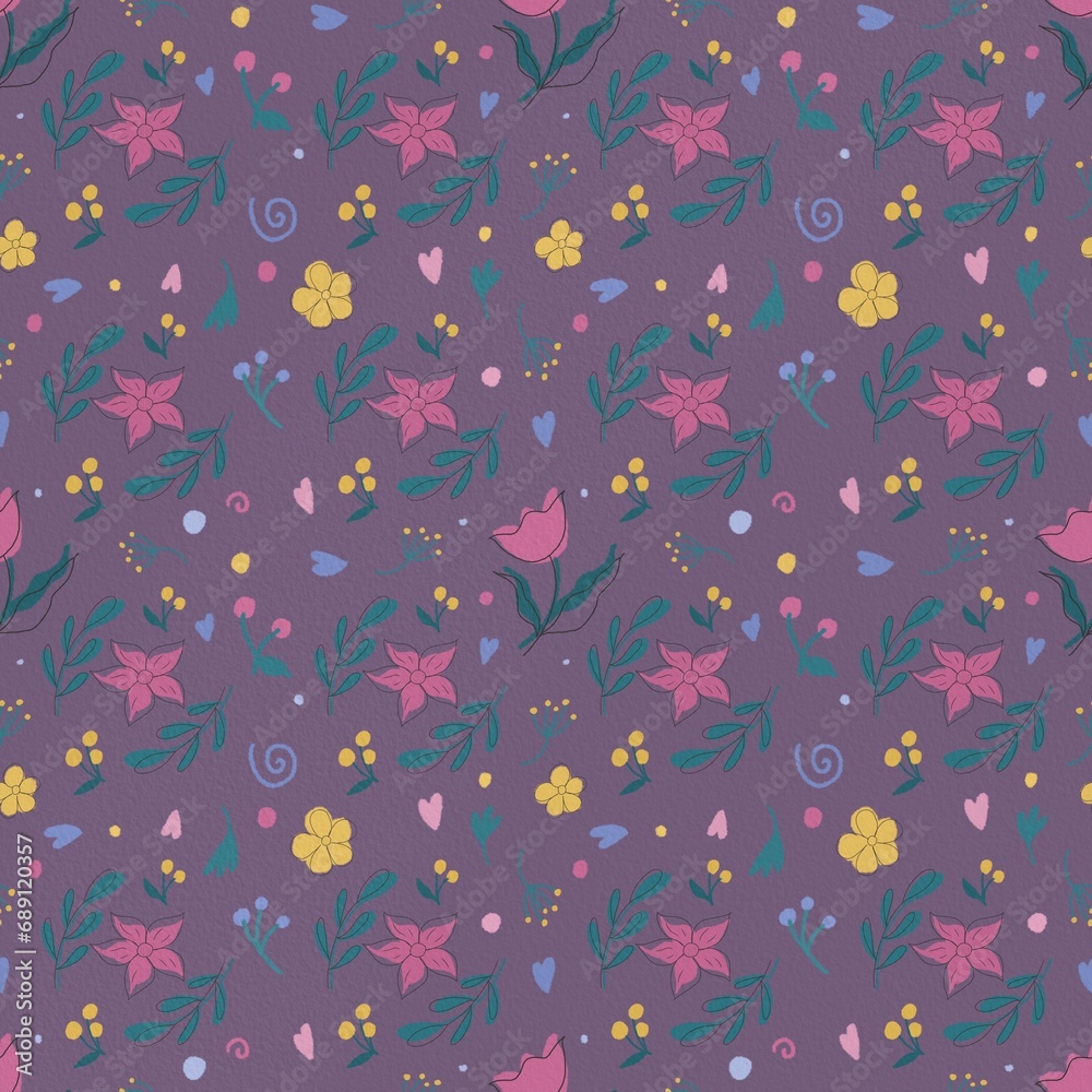 Seamless pattern with floral ornament for children on a purple background. Hand-drawn, digital illustration. Ideal for prints, fabrics, packaging, wallpapers and backgrounds.