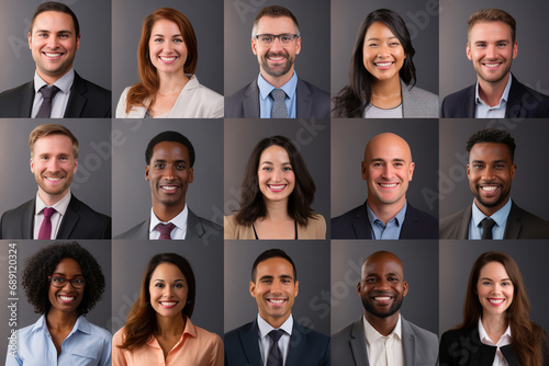Many smiling multiethnic business people faces headshots collage mosaic. Collage of smiling business people in formalwear looking at camera. photo