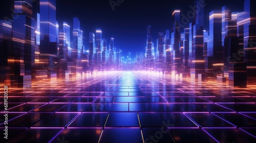 Futuristic techno Sci-fi neon glowing lines background. Digital artwork. Reflections on the floor and ceiling. Virtual 3D background  representation for business