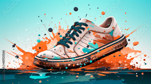 Pair of stylish sneakers with splatter. Futuristic artwork, drawing for interior design, fashion textile, wallpaper, website, sale © Happy Lab