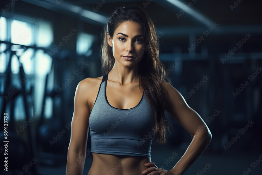 Confident young woman wearing a sport tank top standing alone in a gym after a workout session.