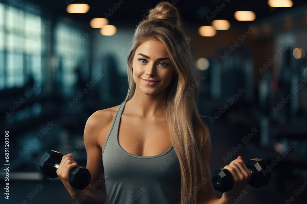 Beautiful young fit sporty woman working out with dumbbells in fitness gym.