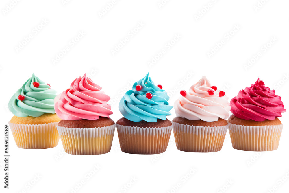 Colorful Frosted Cupcakes On Transparent Background