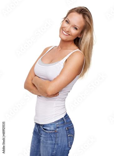 Confident, fashion and portrait of woman with crossed arms in studio for beauty, pride and happy. Attractive, smile and isolated person in casual clothes, trendy outfit and style on white background