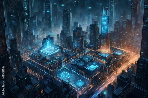 A hidden hacking hub in a mega-city, with holographic screens surrounding the hacker, creating a digital fortress.